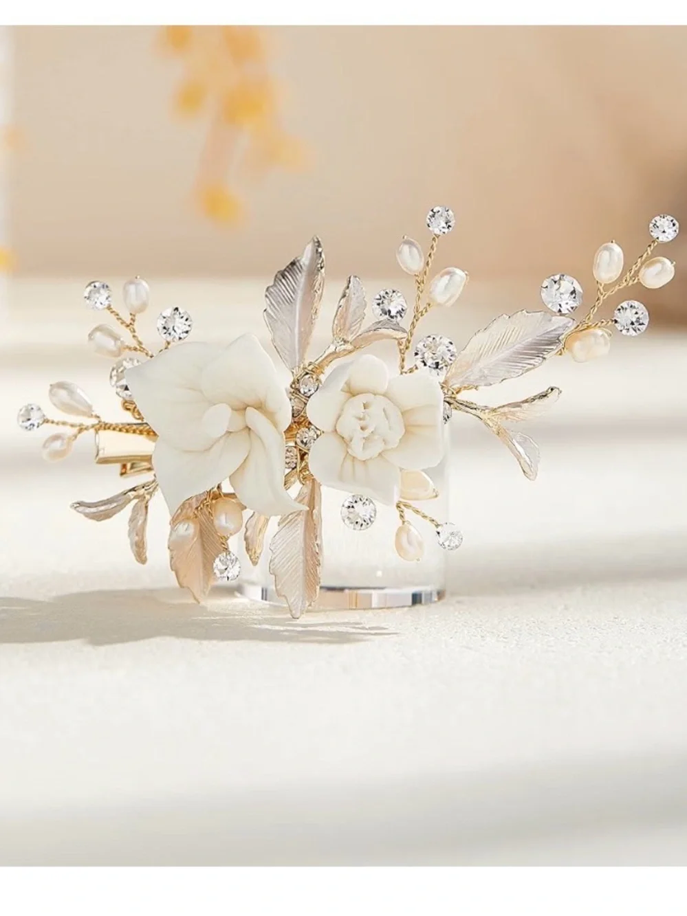 Elegant Cream Floral Hair Clip with Gold Leaves